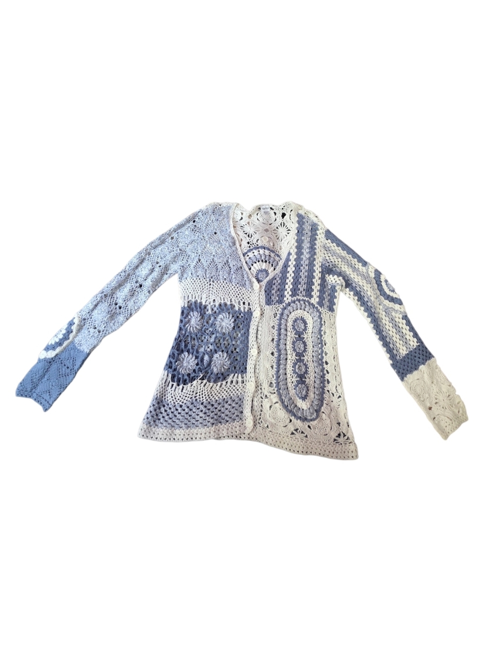 Together Blue & Cream Crochet Cardigan | Boho Patchwork Knit Sweater - Picture 4 of 7